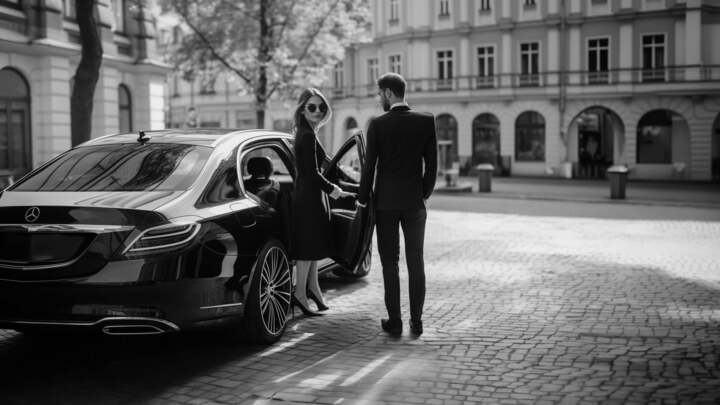 Van premium AXL Limousine sur une route de montagne enneigée